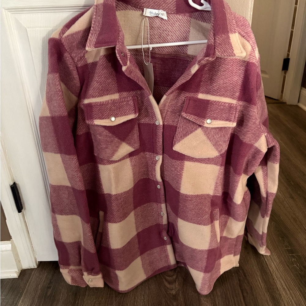 Plaid Button-Up Shacket in Pink and Cream